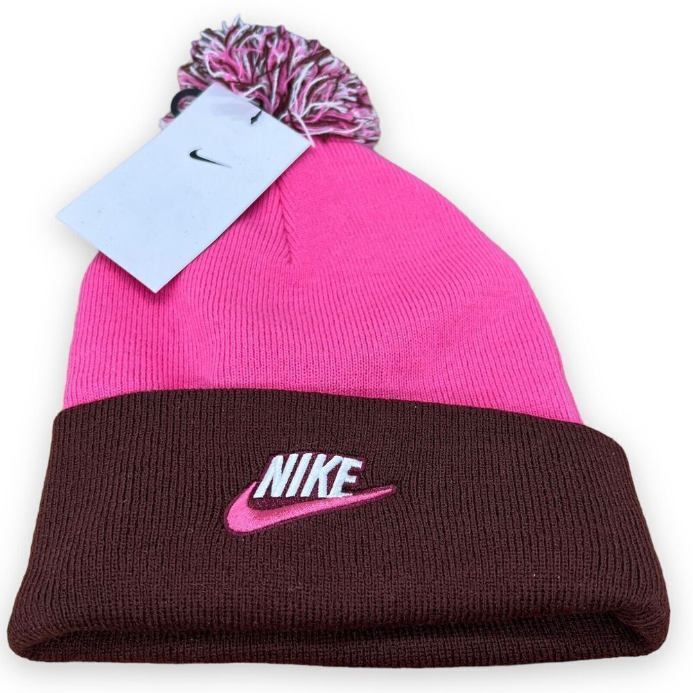 Nike Hat Girls One Size Fits Most Pink Beanie Cap Pom Breast Cancer Awarenes